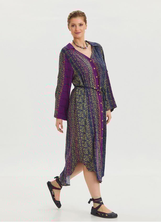 Shirt Collar Belt Detailed Purple Patterned Long Sleeve Dress 4449